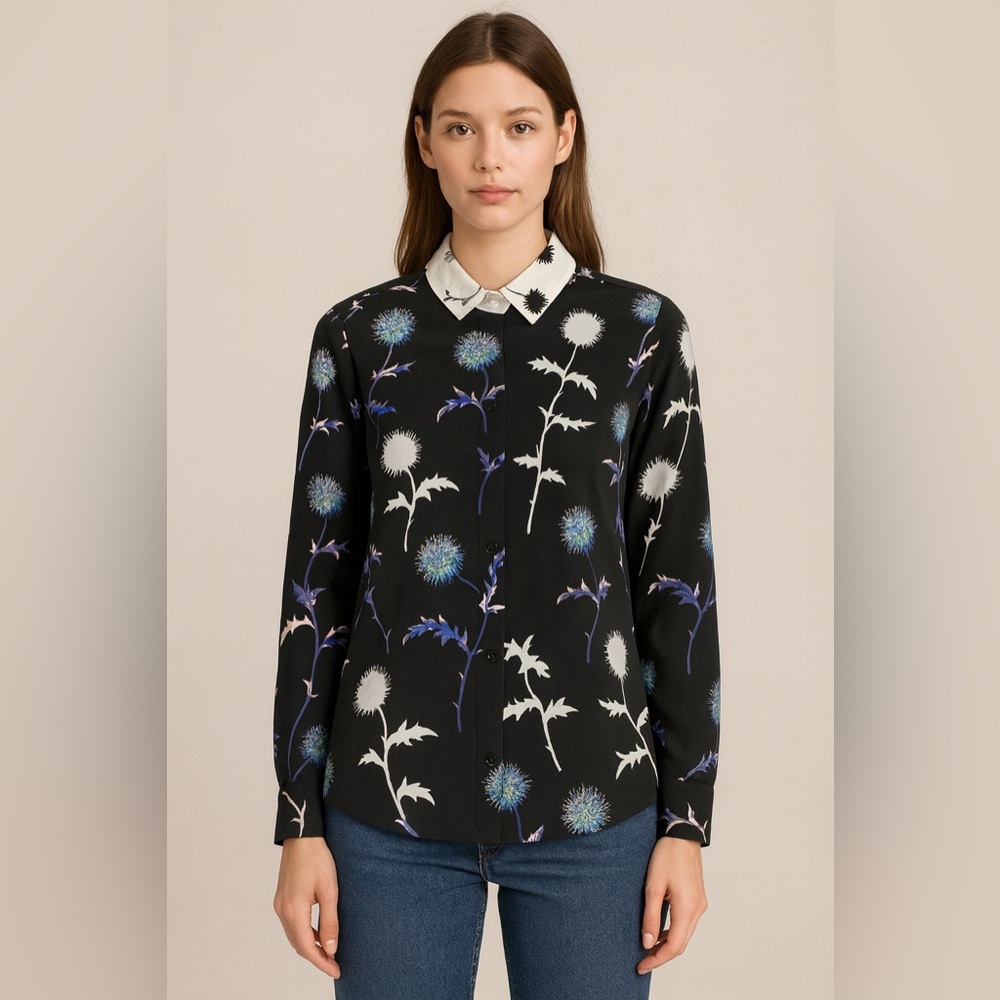 Kenzo Paris Women’s Silk Floral Print Blouse Black White Collar Size 34 XS/S